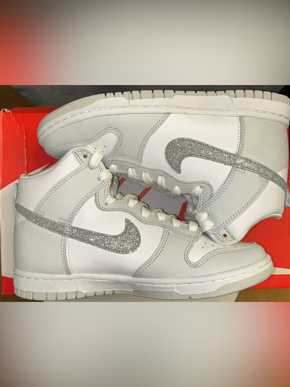 Nike White and Silver Glitter High-Top Sneakers